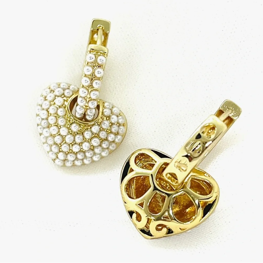 New Gold Plated Pearl Heart Huggie Hoop Earrings - Picture 4 of 6